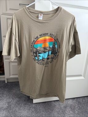Fruit of the Loom Khaki Graphic Tee with Sunset Lake Artwork